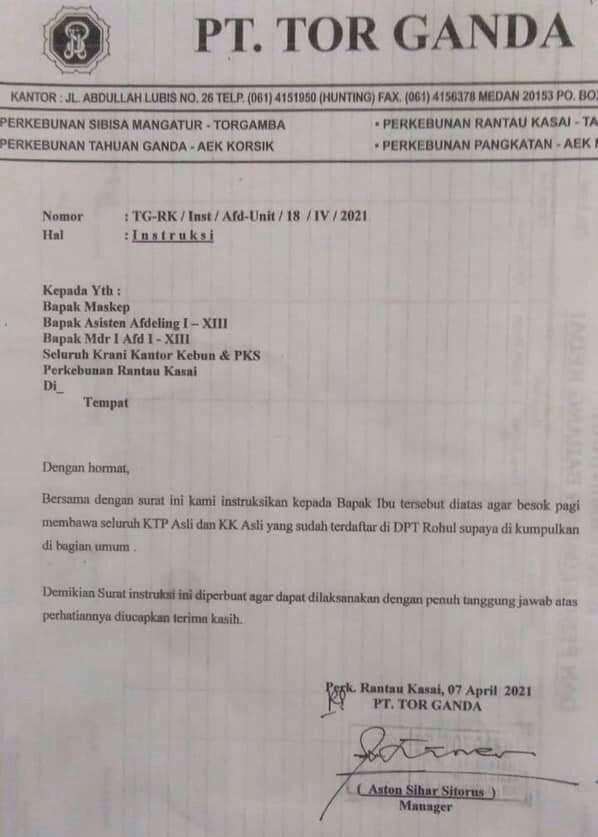 Ada Surat Berisikan Pengumpulan KTP dan KK di Kawasan PT Torganda,Sugianto: Kita Lakukan Investigasi,Terbukti Salah Cabut Izinnya