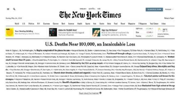 Tandai Tonggak Sejarah Pandemi Covid-19, Surat Kabar NYT Tulis Daftar Korban Pada Halaman Depan