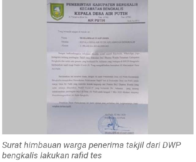 Kades Himbau Warga Penerima Takjil dari DWP Bengkalis Lakukan Rafid Tes